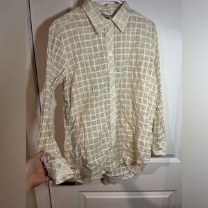 Finley Women’s Button Down White Creme Checkered Plaid Long Sleeve Blouse Sz Med